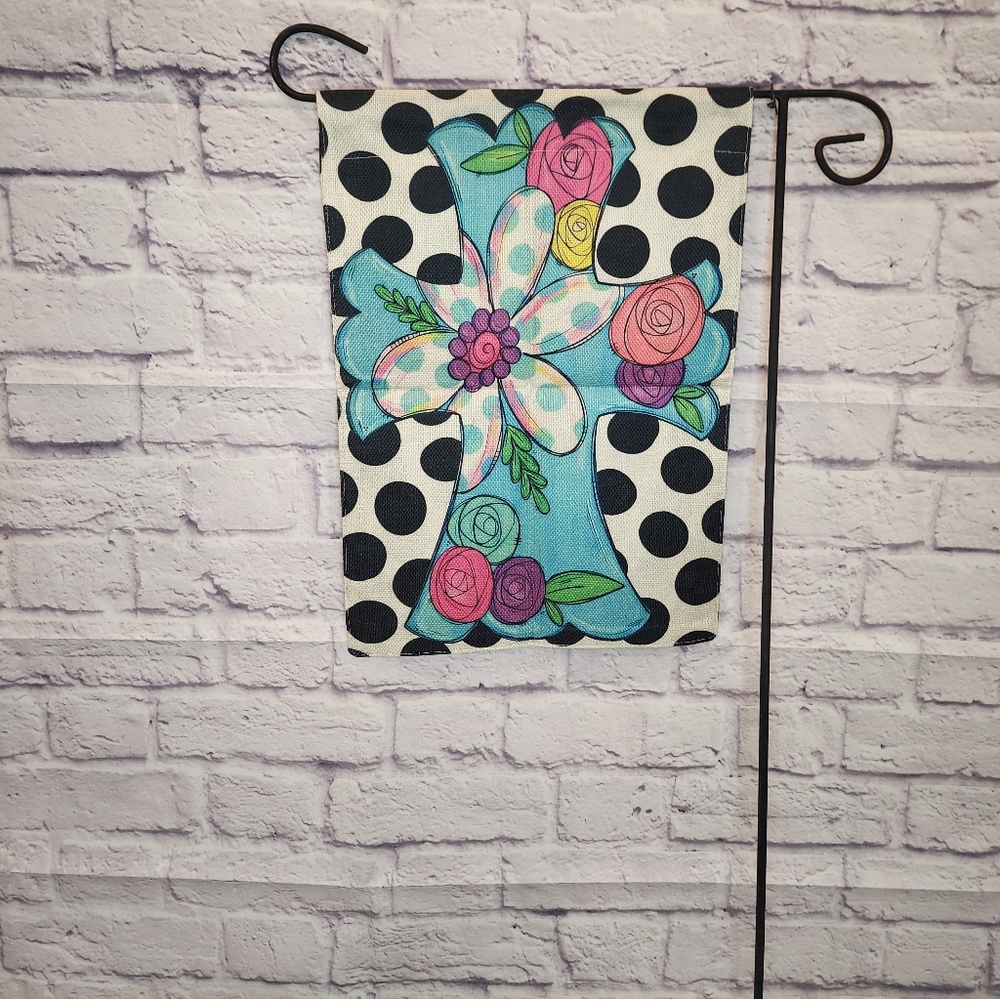 Cross Garden Flag With Flowers And Polka Dots, NEW